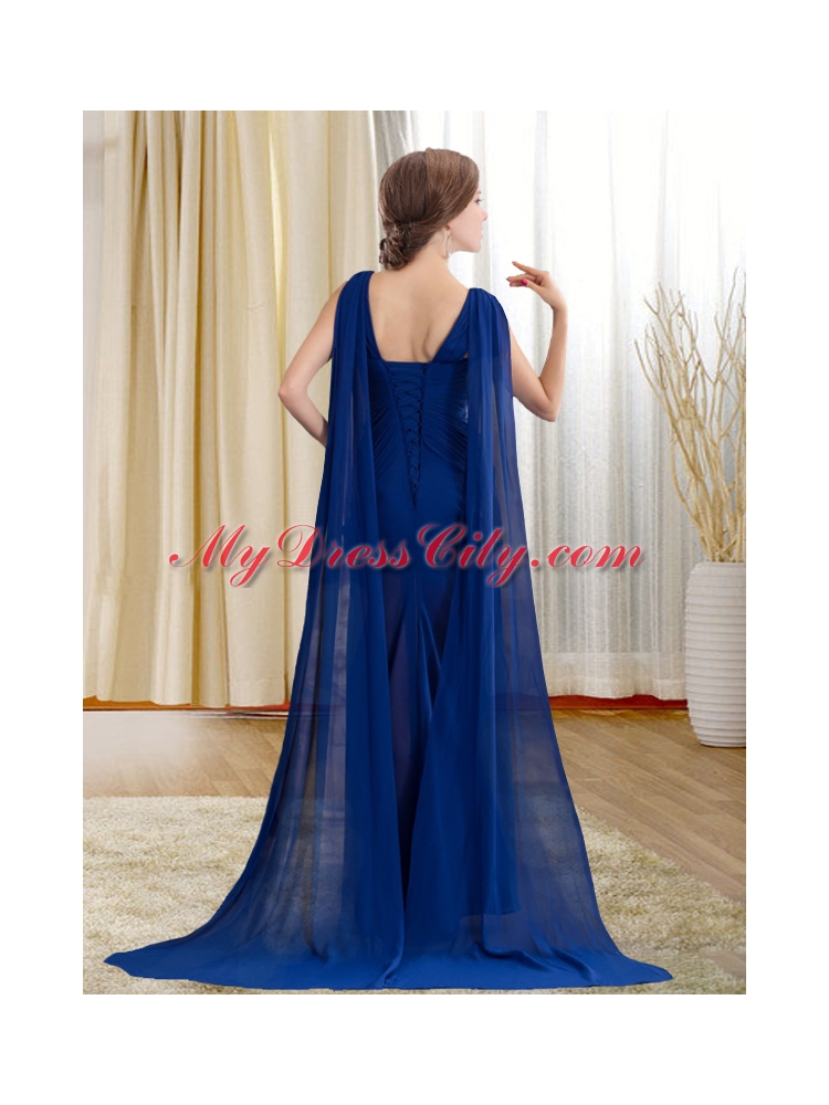 Chiffon Royal Blue Beaded and Ruched Prom Formal Dress with Watteau Train