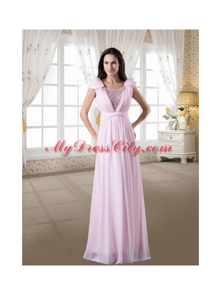 Discount Empire Scoop Beading Pink Prom Dress with Cap Sleeves