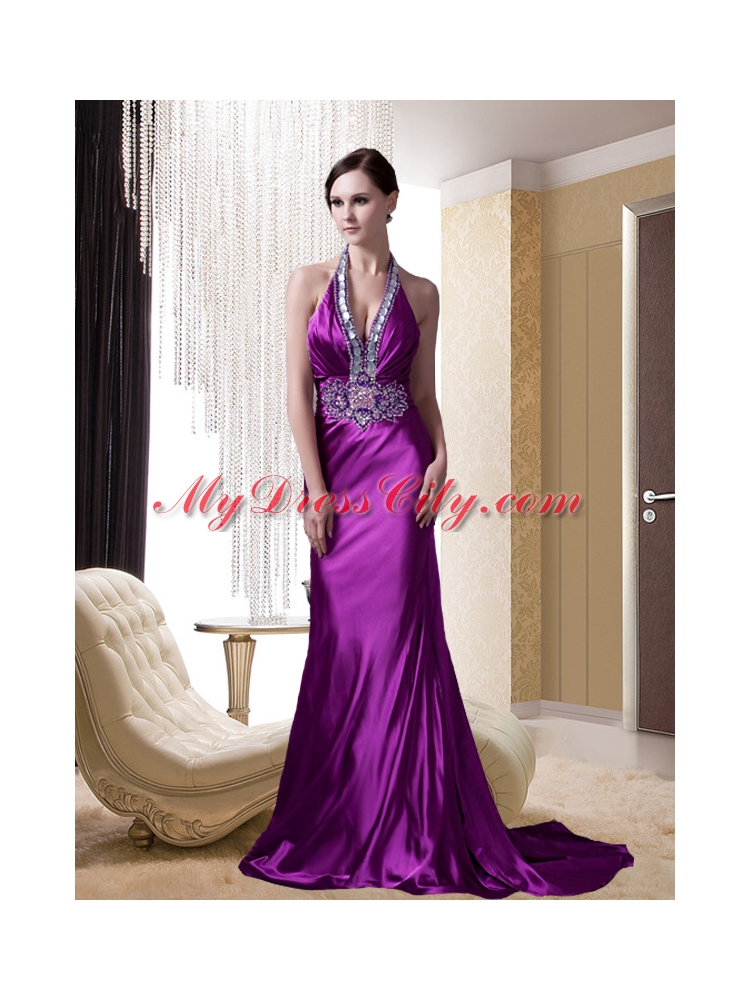 Eggplant Purple Halter Beading and Appliques Prom Dress with Brush Train