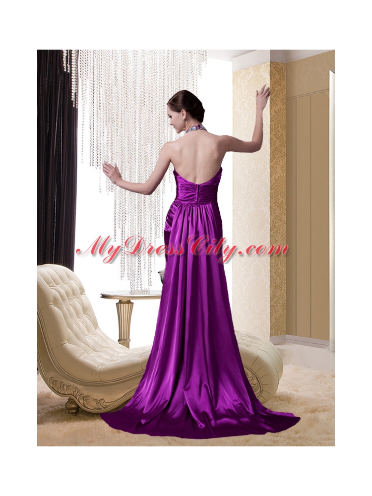 Eggplant Purple Halter Beading and Appliques Prom Dress with Brush Train