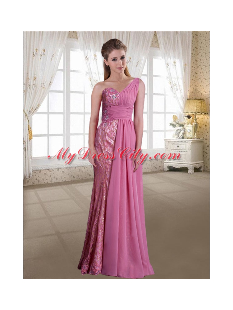 Exclusive Rose Pink Chiffon One Shoulder Column Prom Dress with Floor Length and Beading