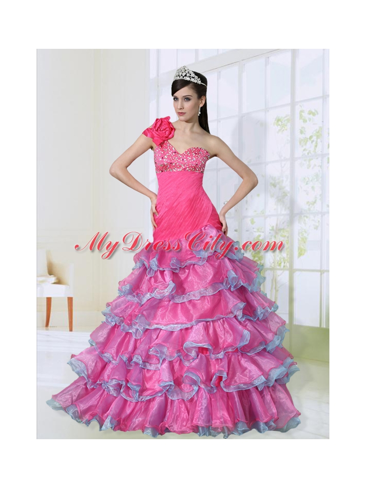 Hand Made Flower Decorate One Shoulder Lovely Prom Dress with Beading