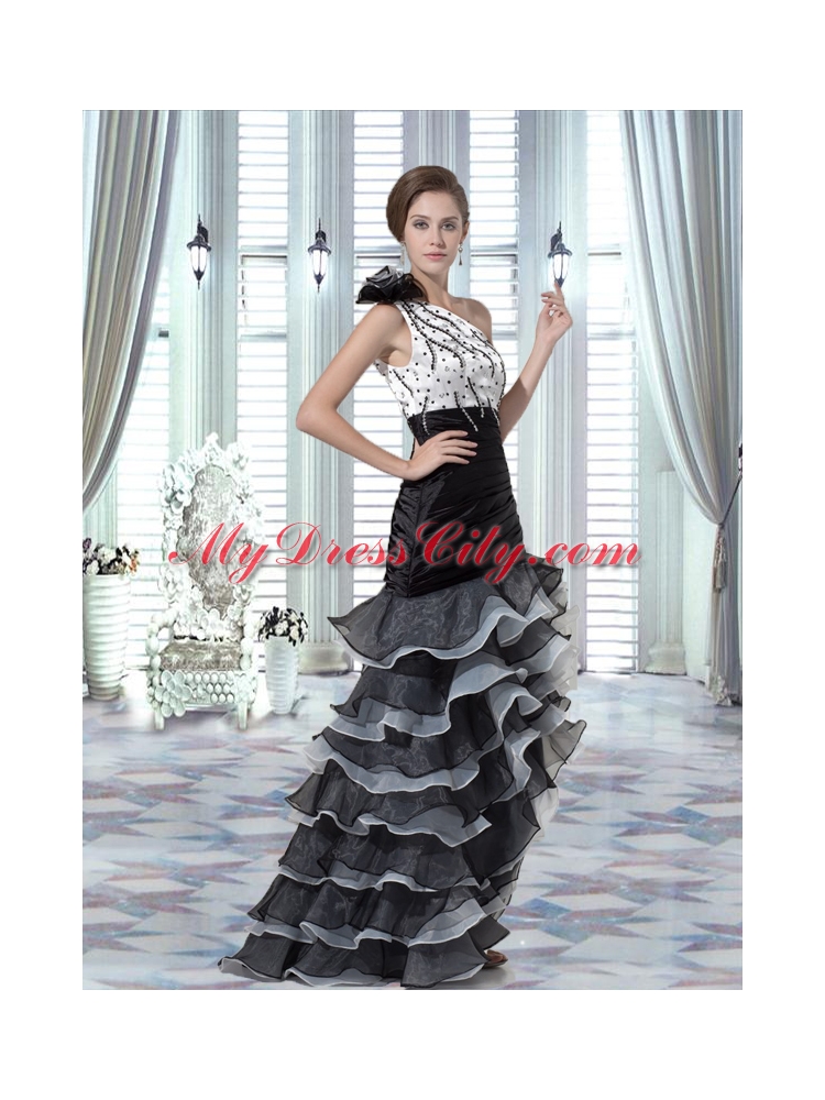 High Low One Shoulder Prom Dresses with Beading and Ruffled Layers