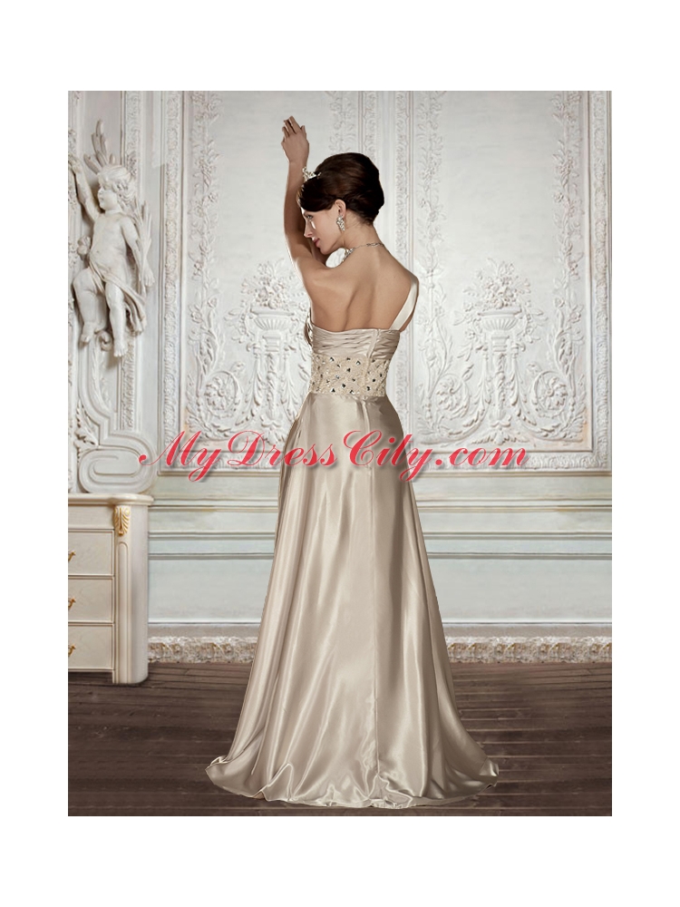 One Shoulder Empire Champagne Prom Dress with Beading