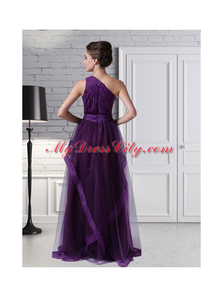 One Shoulder Tulle Empire Purple Ruching Romantic Prom Dress