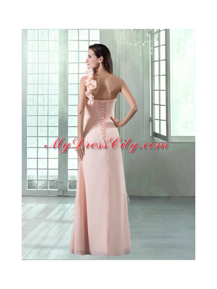 Peach One Shoulder Floor Length Prom Dress with Hand Made Flowers