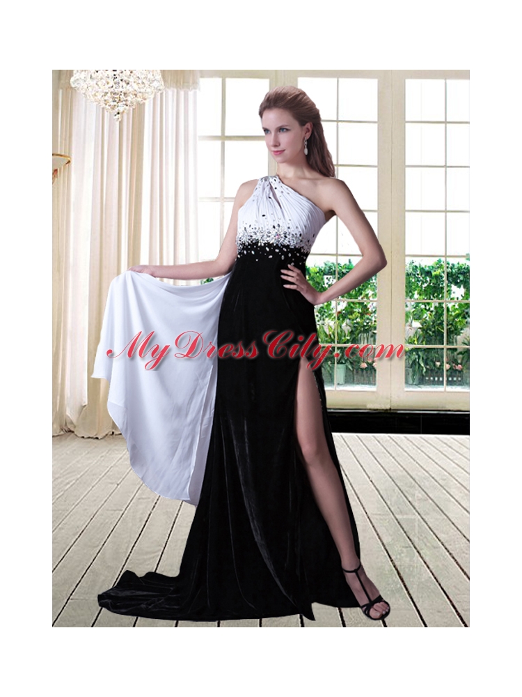 Popular White and Black Beaded Evening Dress with One Shoulder and Brush Train