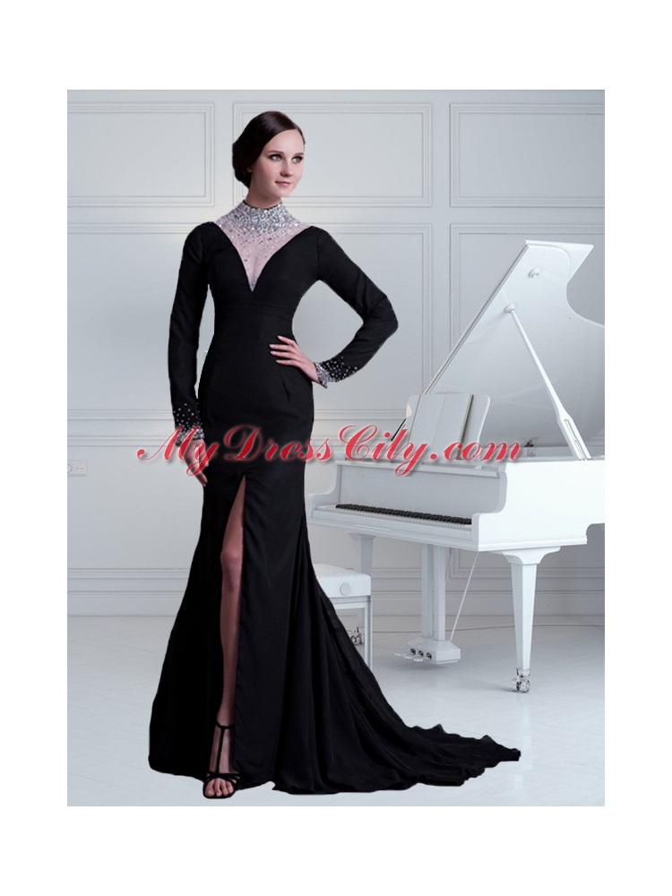 Sexy Black Column High Neck Beading Brush Train Prom Dress