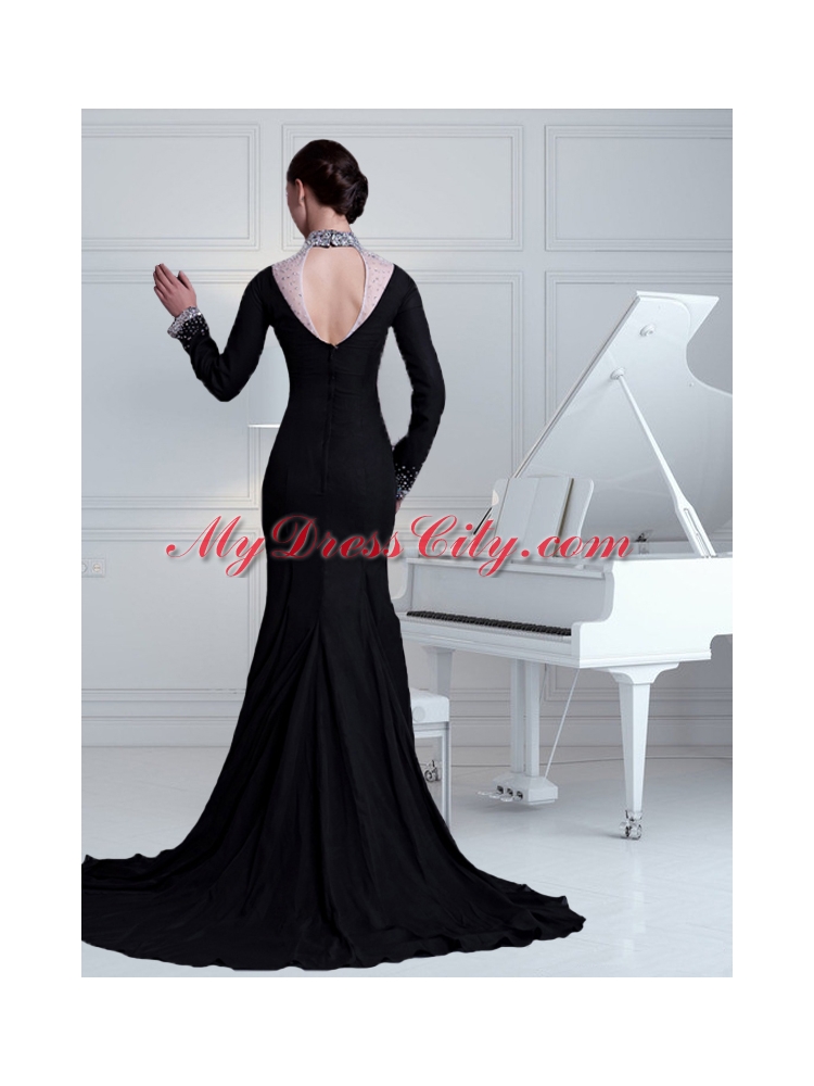 Sexy Black Column High Neck Beading Brush Train Prom Dress