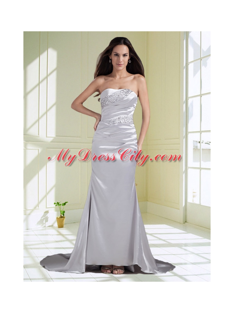 Silver Strapless Beading Brush Train Column Prom Dress with Ruching