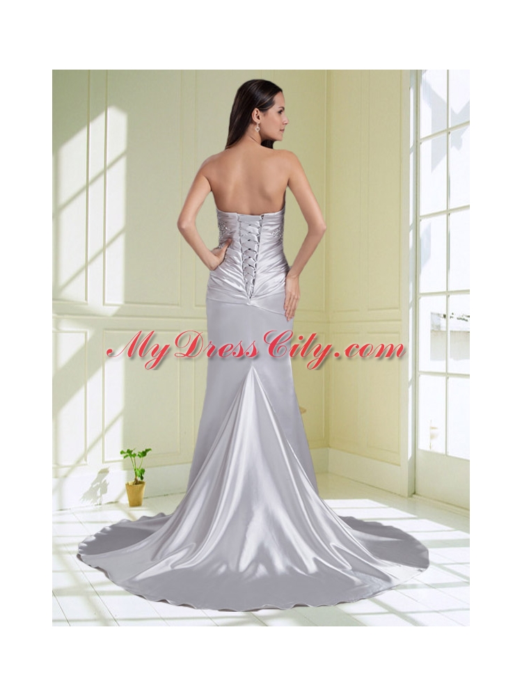 Silver Strapless Beading Brush Train Column Prom Dress with Ruching