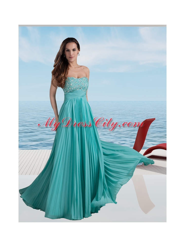 Turquoise Empire Strapless Beading Prom Dress with Pleats