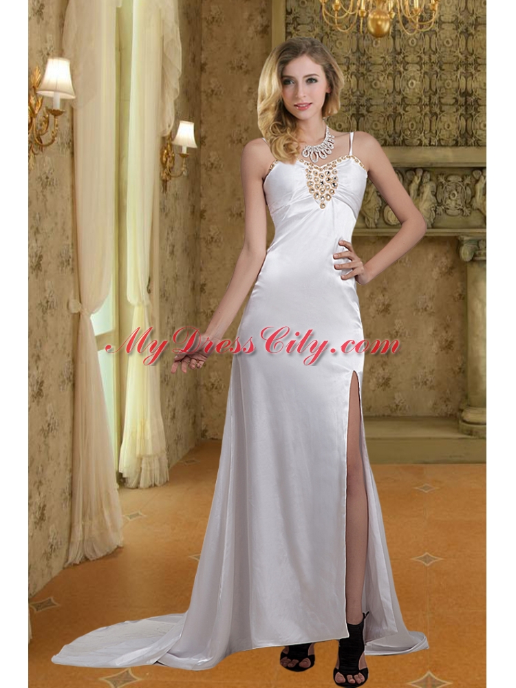 2014 Column Straps Wedding Dresses with Brush Train