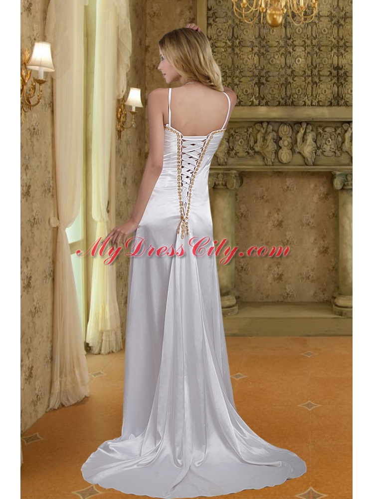 2014 Column Straps Wedding Dresses with Brush Train