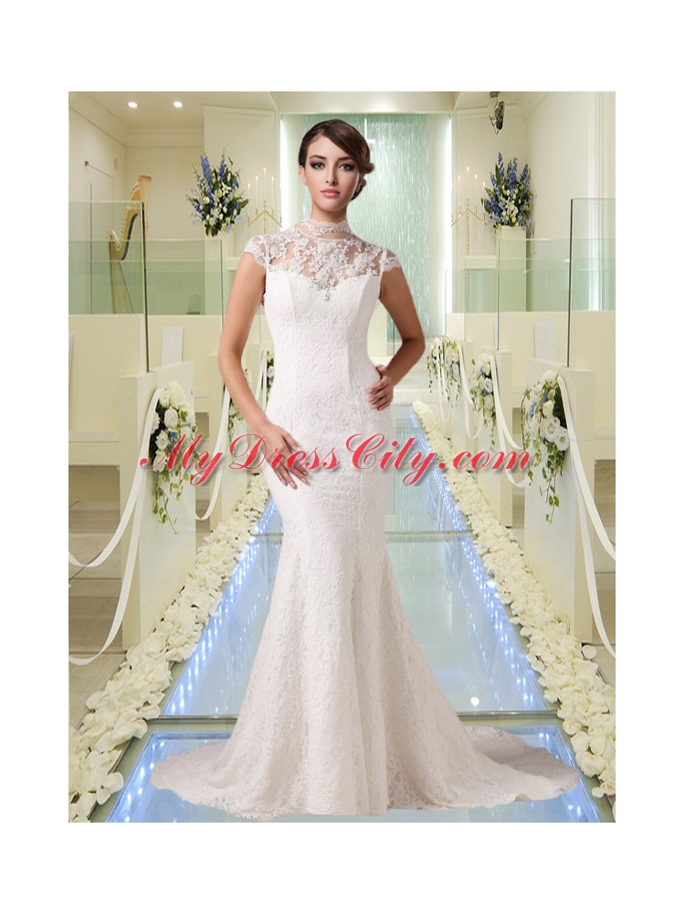 2015 Elegant Mermaid High Neck Lace Wedding Dress with Short Sleeves