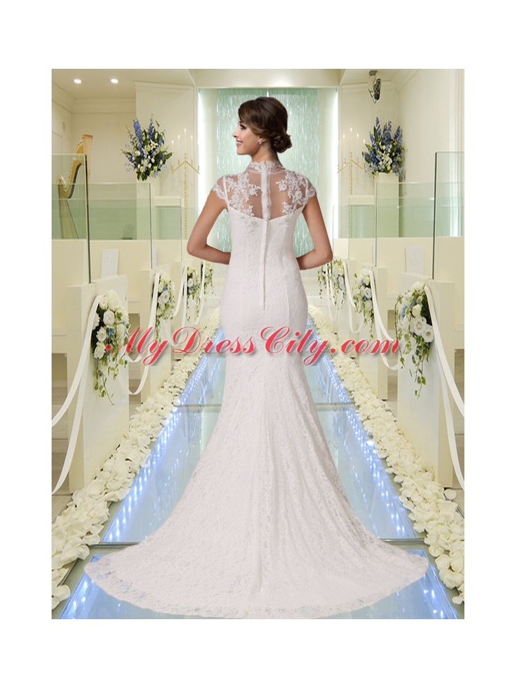 2015 Elegant Mermaid High Neck Lace Wedding Dress with Short Sleeves