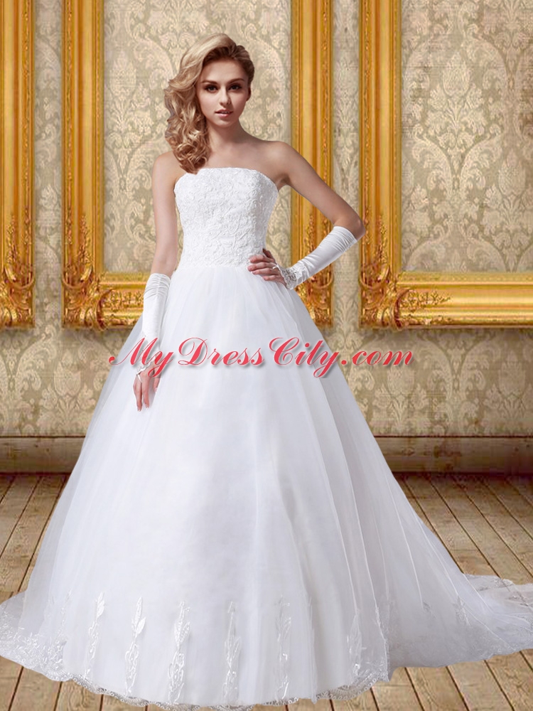 2015 Lace Chapel Train Ball Gown Wedding Dress with Strapless