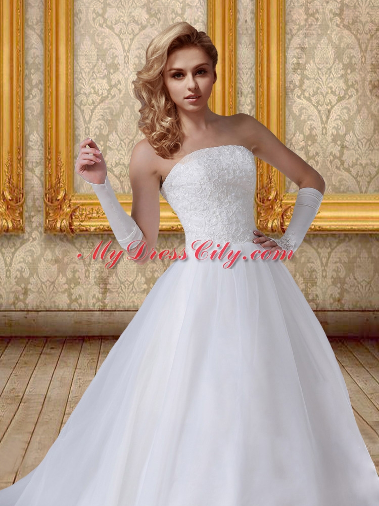 2015 Lace Chapel Train Ball Gown Wedding Dress with Strapless