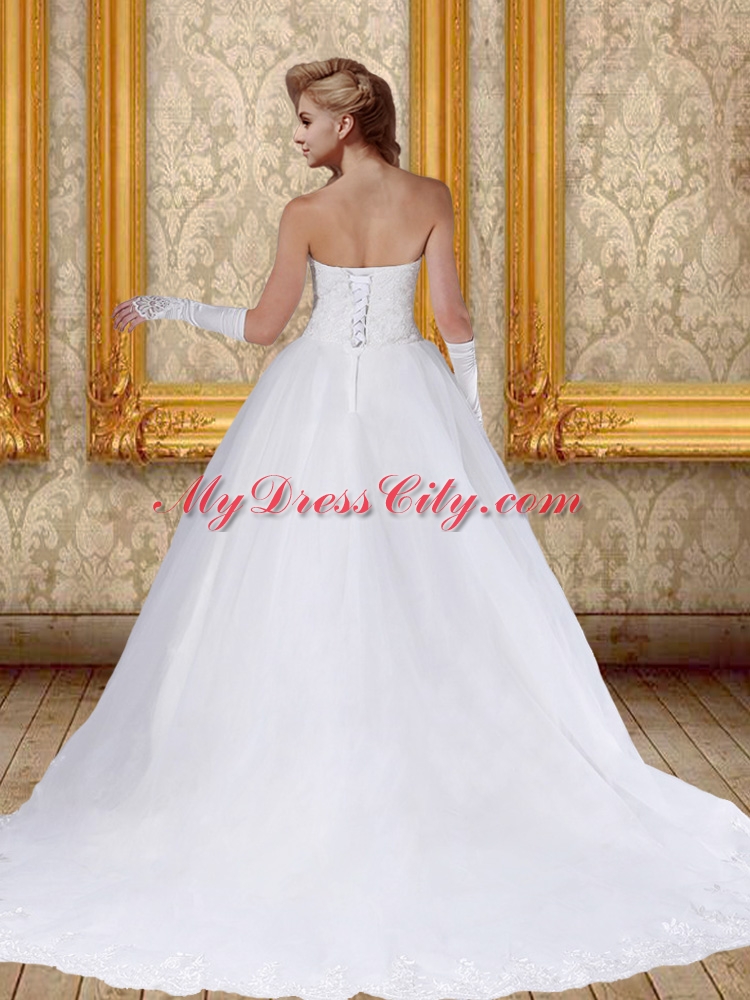 2015 Lace Chapel Train Ball Gown Wedding Dress with Strapless