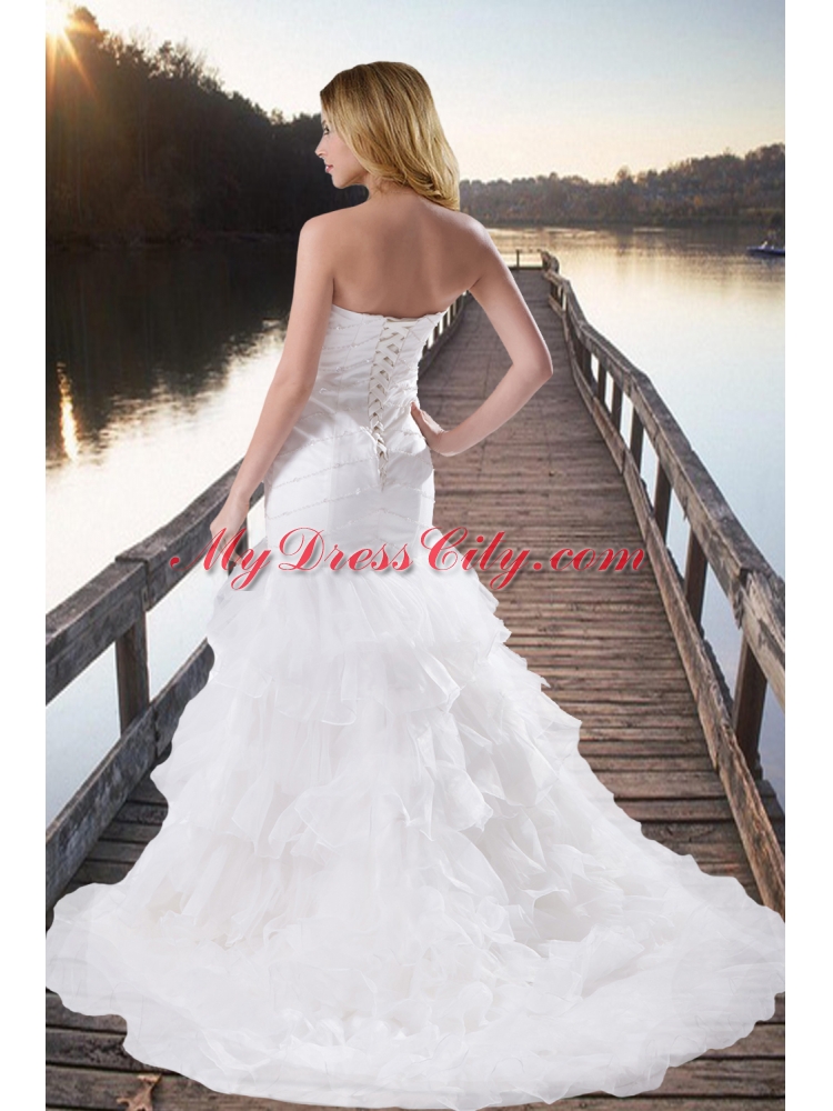 Beautiful Mermaid Strapless Beading Brush Train Wedding Gowns