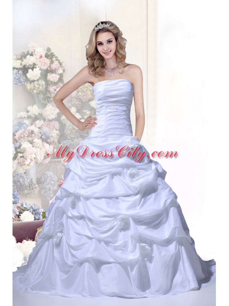 Cheap Hand Made Flowers Strapless Brush Train Wedding Dresses