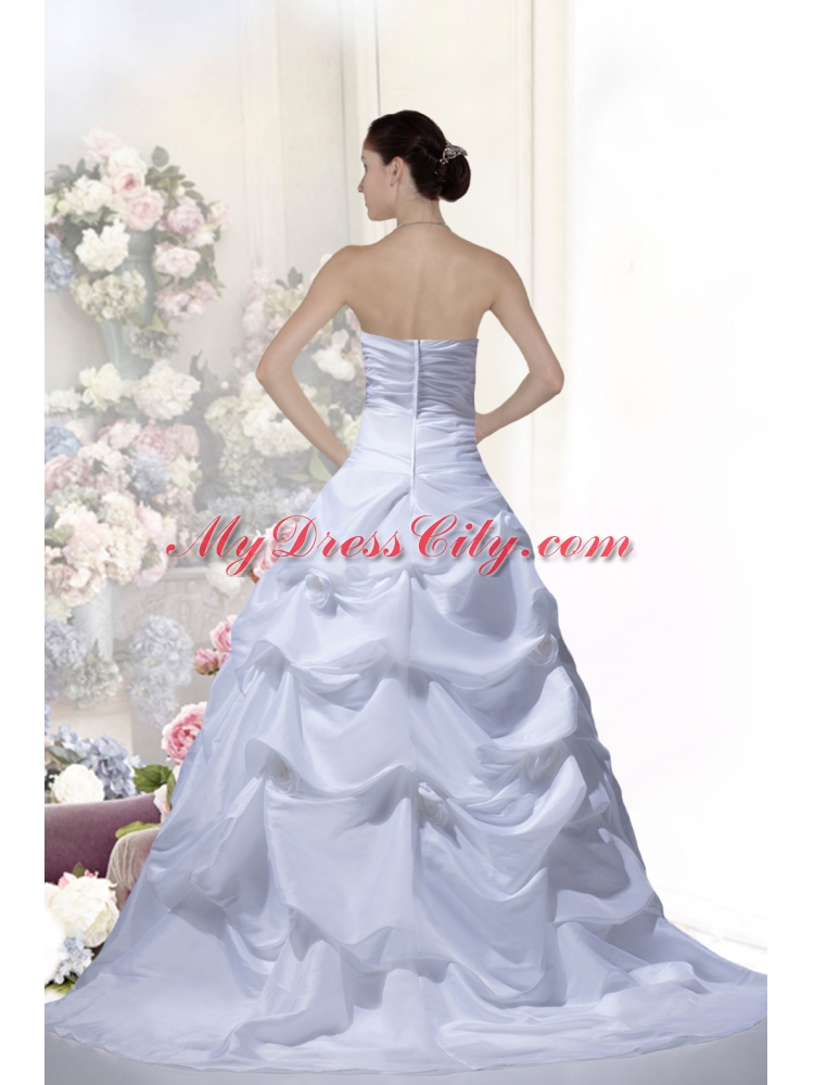 Cheap Hand Made Flowers Strapless Brush Train Wedding Dresses