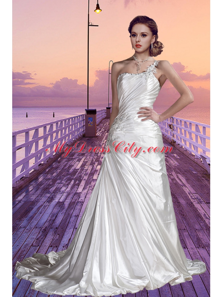 Column One Shoulder Court Train Cheap Wedding Dresses with Appliques