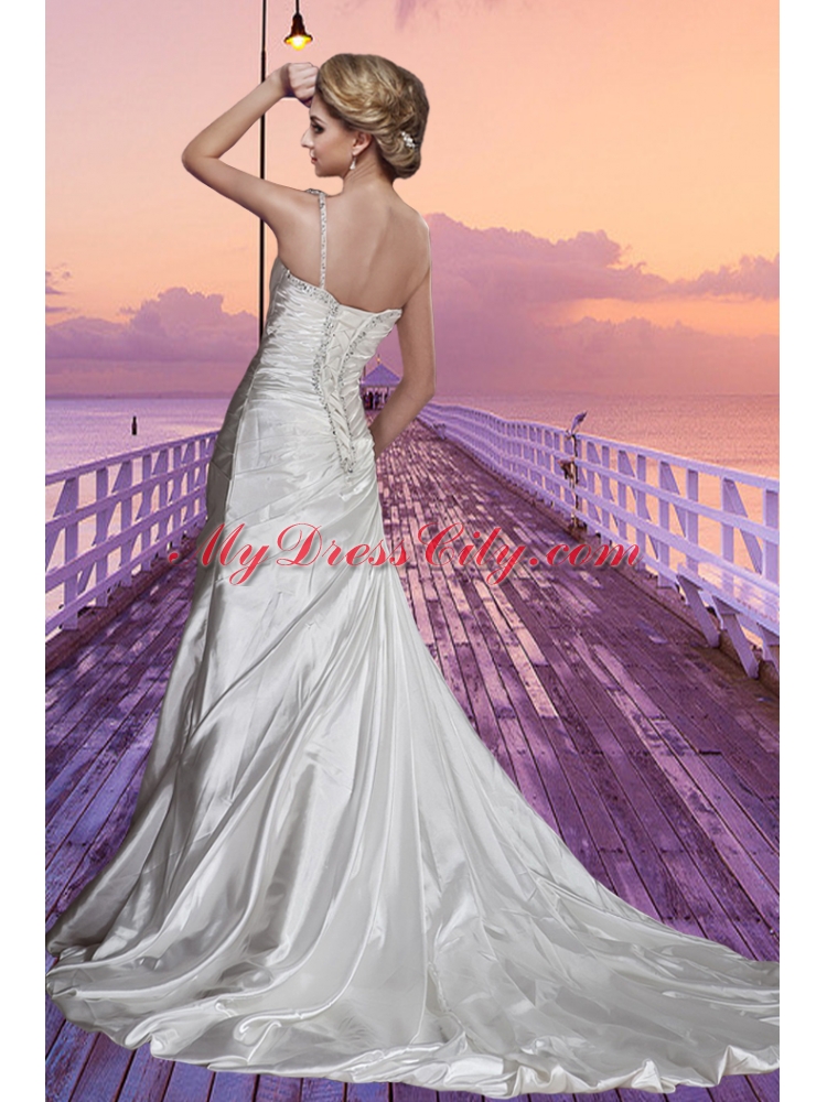 Column One Shoulder Court Train Cheap Wedding Dresses with Appliques