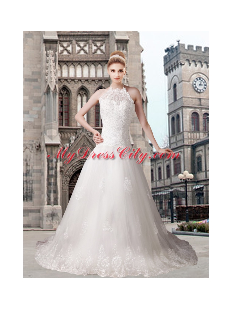 Elegant A Line Halter Chapel Train Beading Wedding Dresses with Lace