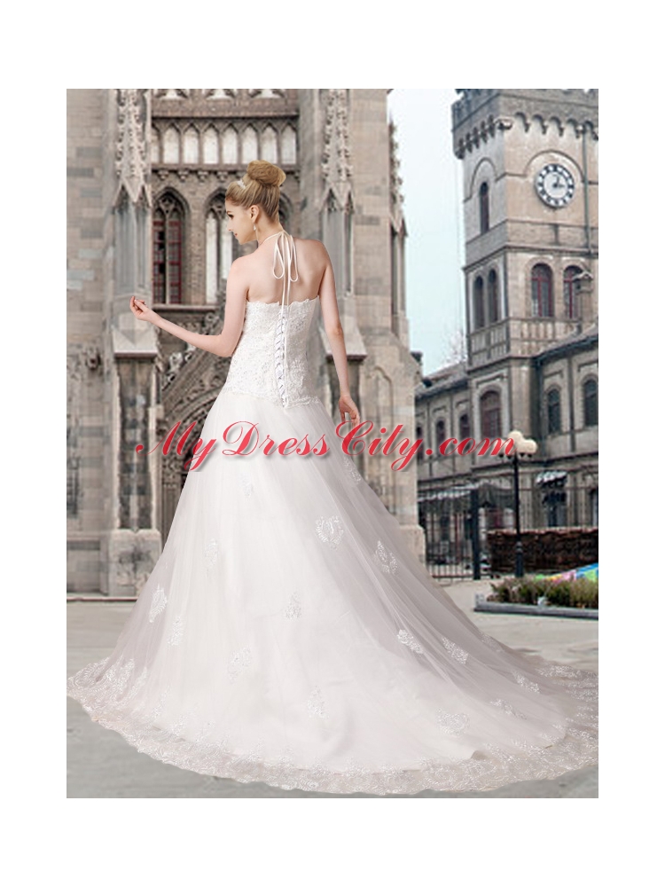 Elegant A Line Halter Chapel Train Beading Wedding Dresses with Lace