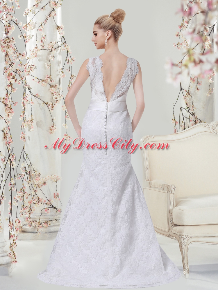 Elegant Mermaid Lace Brush Train Backless 2015 Wedding Dresses