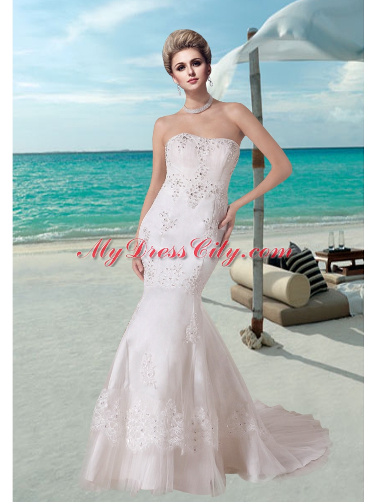 Fashionbale Mermaid Appliques Sweep Train Wedding Dress with Beading