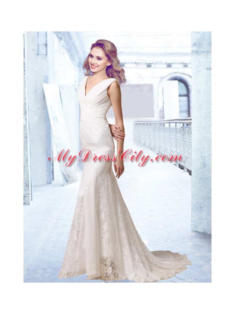 Hot Sale V Neck Ruching 2015 Wedding Dress with Lace