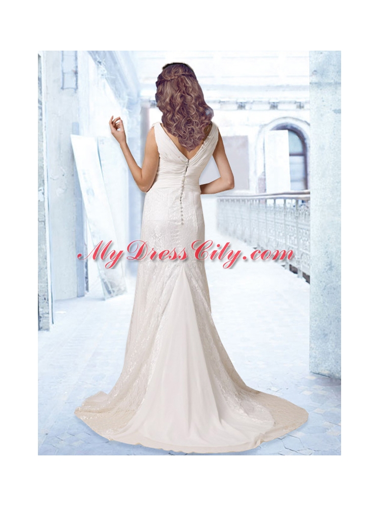 Hot Sale V Neck Ruching 2015 Wedding Dress with Lace