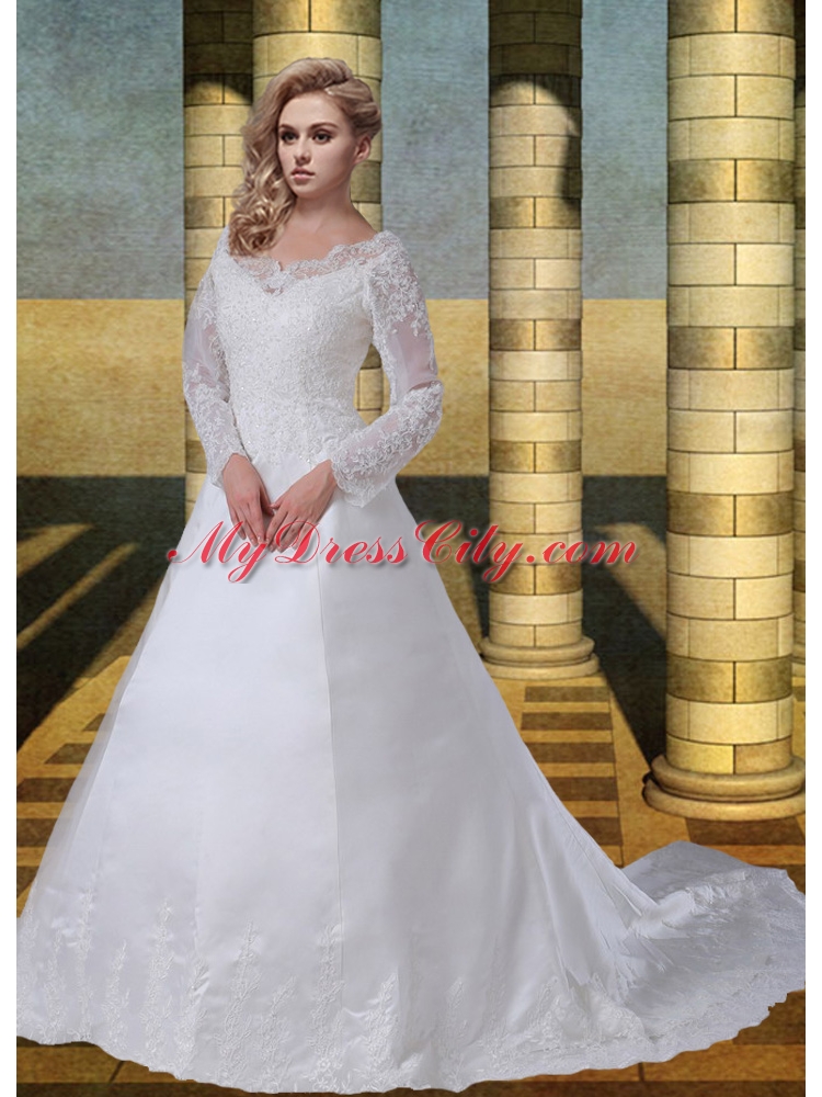 Lace 2015 A Line V Neck Long Sleeves Lace Wedding Dresses with Court Train