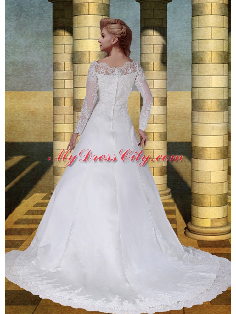 Lace 2015 A Line V Neck Long Sleeves Lace Wedding Dresses with Court Train