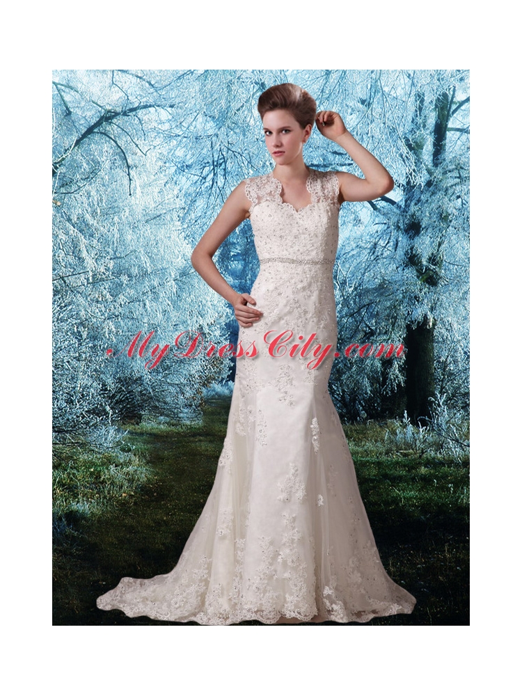 Lace Wide Straps Court Train Beading Open Back 2015 Wedding Dress