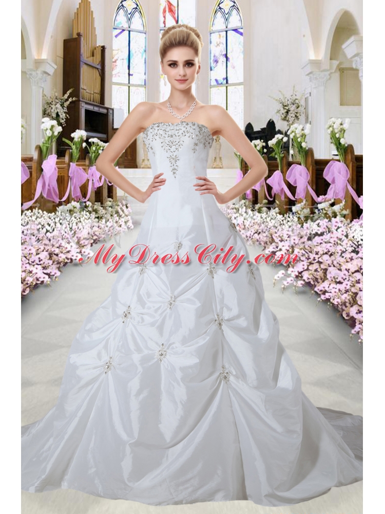 Luxurious A Line Strapless Appliques Court Train Wedding Dresses