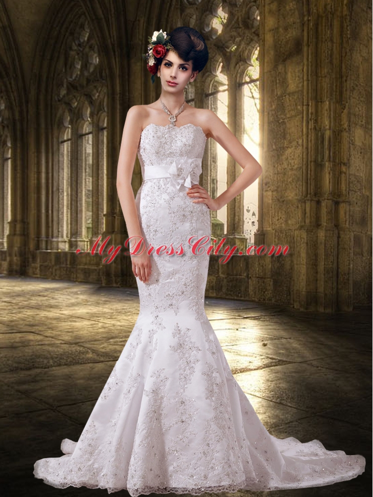 Mermaid Lace Strapless 2015 Fashionable Wedding Dresses with Court Train