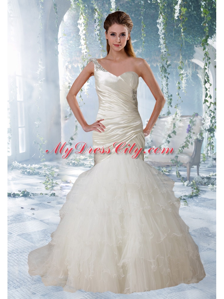 Mermaid One Shoulder Court Train Elegant Wedding Dresses with Appliques