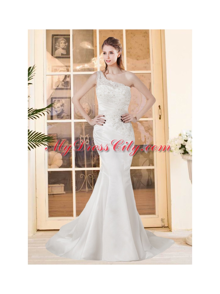 Mermaid One Shoulder Court Train Wedding Dresses with Lace