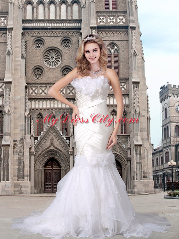 Mermaid Strapless 2015 Court Train Hand Made Flower Wedding Dresses