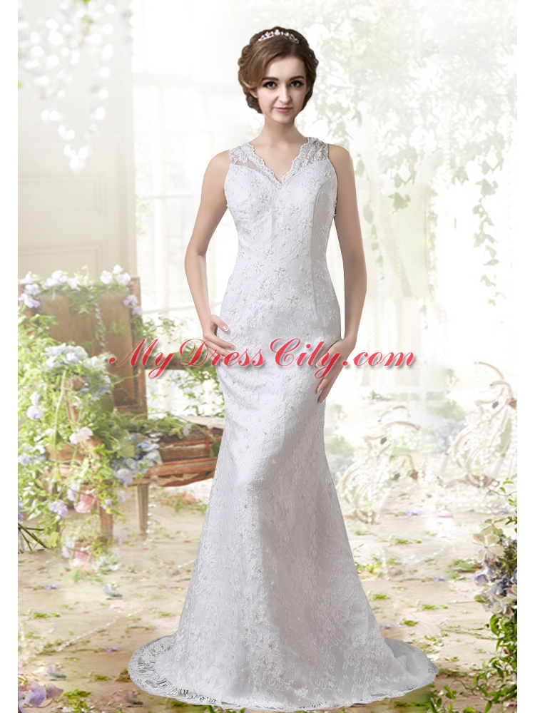 Mermaid V Neck Sweep 2015 Lace Wedding Dress