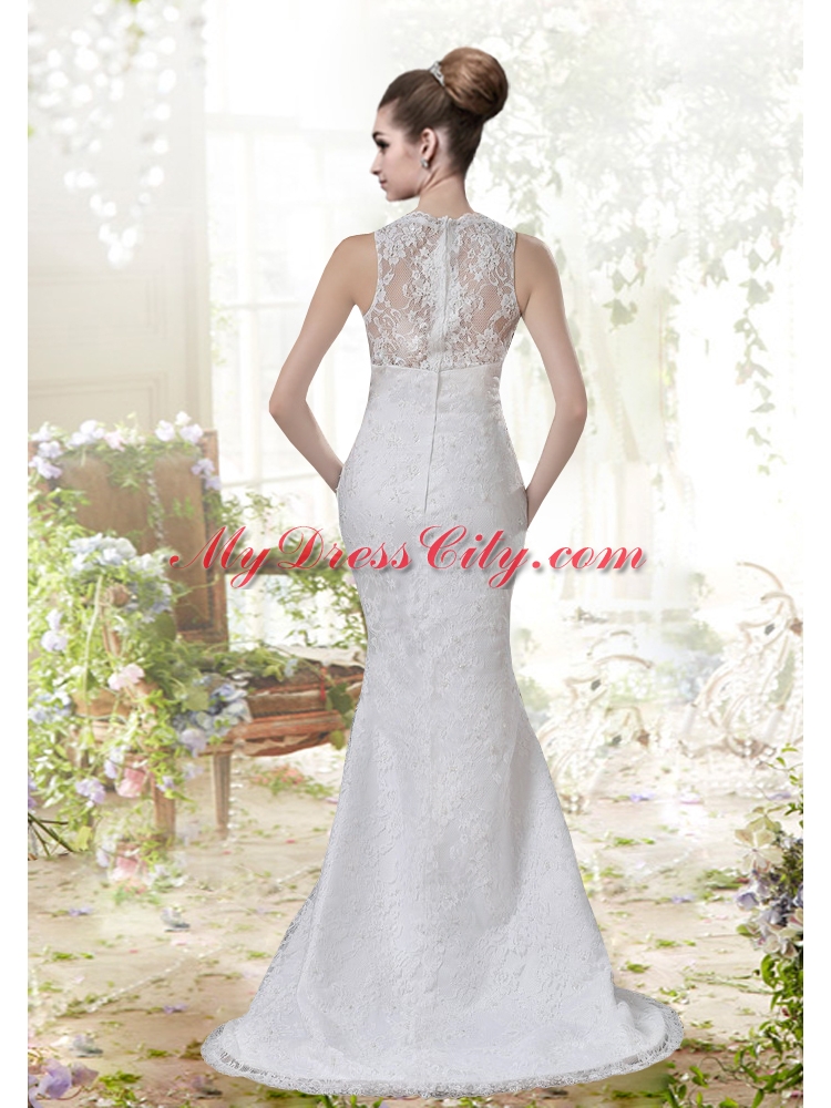 Mermaid V Neck Sweep 2015 Lace Wedding Dress