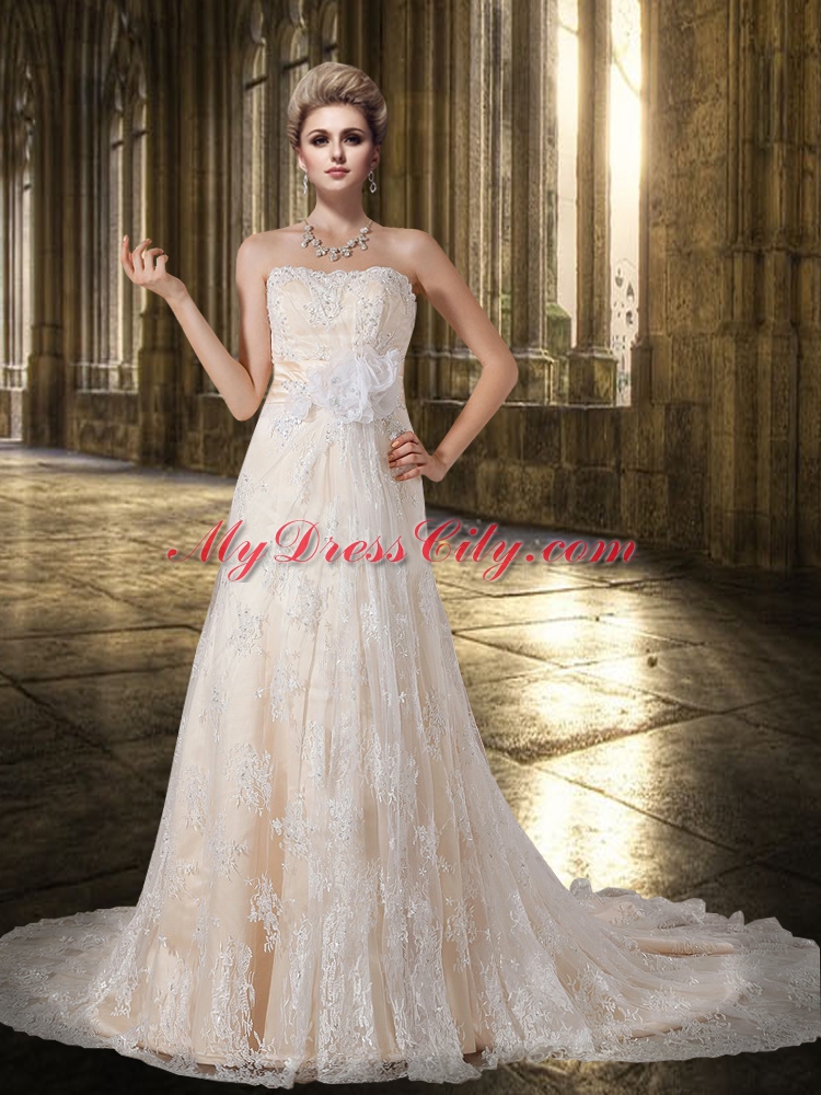 Peach Chapel Train Strapless 2015 A Line Lace Wedding Dress