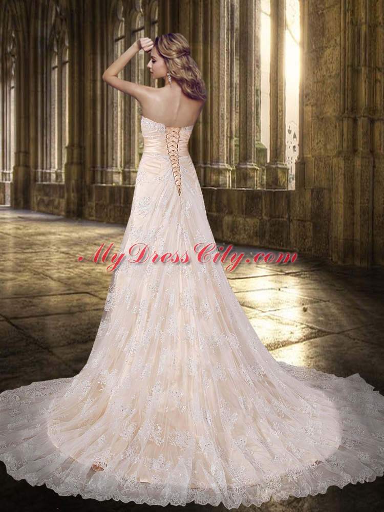 Peach Chapel Train Strapless 2015 A Line Lace Wedding Dress