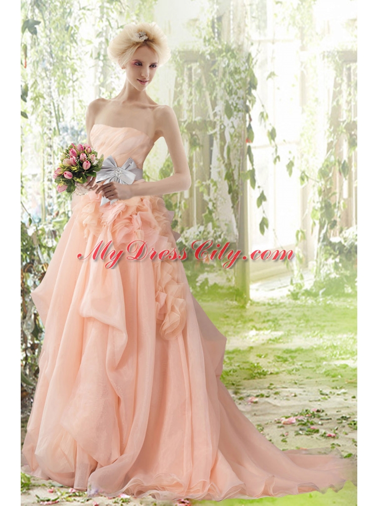 Peach Princess Court Train Strapless Ruffles Wedding Dresses