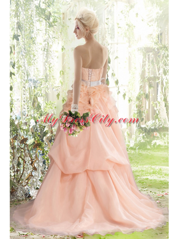 Peach Princess Court Train Strapless Ruffles Wedding Dresses