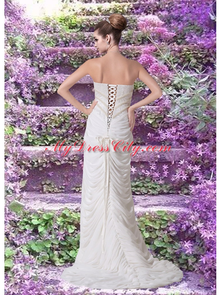 Popular Column Brush Train Beading Wedding Dress with Strapless