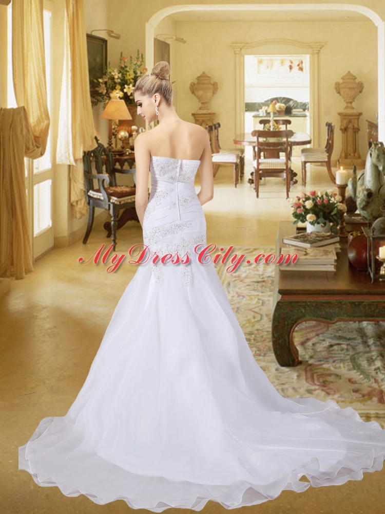 Popular Mermaid 2015 Strapless Brush Train Wedding Dresses with Appliques